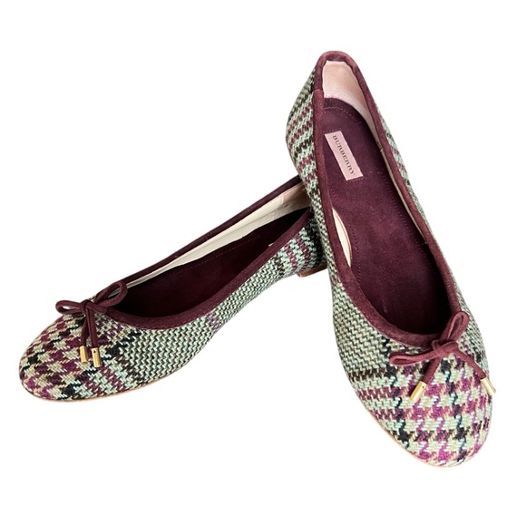 Burberry Women’s Houndstooth Check Bow Ballet Flats Purple Green Round Toe Shoes - Picture 14 of 15